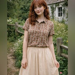 Vintage 90s Cottagecore Brown Green garden Patterned rayon Shirt flower festival